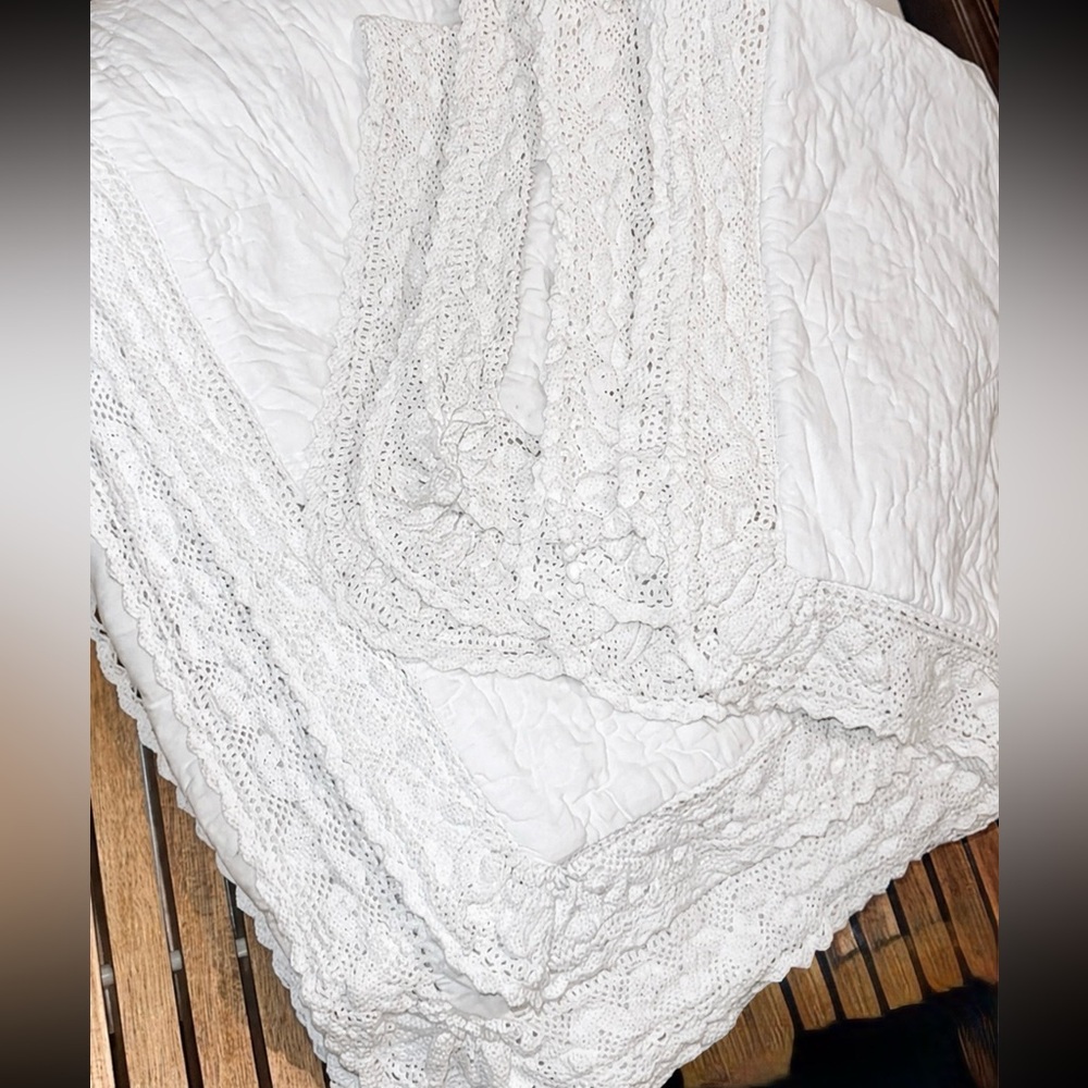 Simply Shabby Chic 3pc Quilt Shams Set Linen Blend Crochet Trim White Full Queen - Picture 6 of 16
